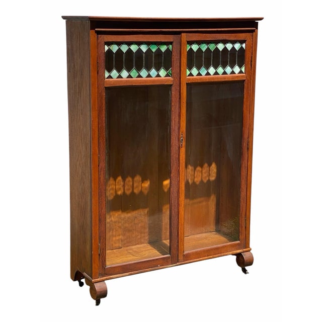Larkin & Co. Antique Oak Larkin Bookcase / China Cabinet With Green Slag Glass Doors For Sale - Image 4 of 12