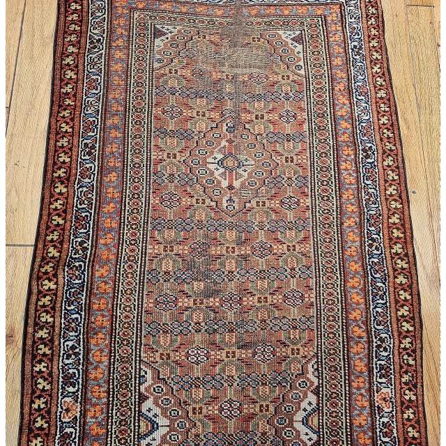 Antique Persian Serab Camel Hair Runner Rug, Hand-Knotted Wool, Geometric Pattern, Red & Green, 3x13 For Sale - Image 13 of 17
