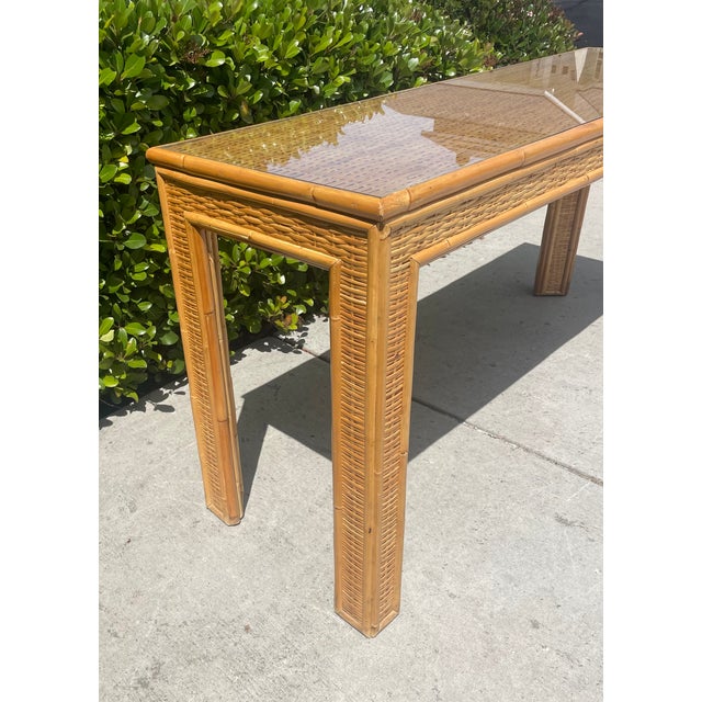 Vintage Coastal Style Wicker Console Table With Glass Top For Sale - Image 4 of 7