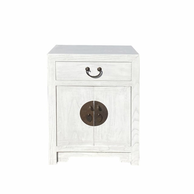 Chinese Oriental Distressed Off White Lacquer End Table Nightstand Cabinet For Sale - Image 3 of 6