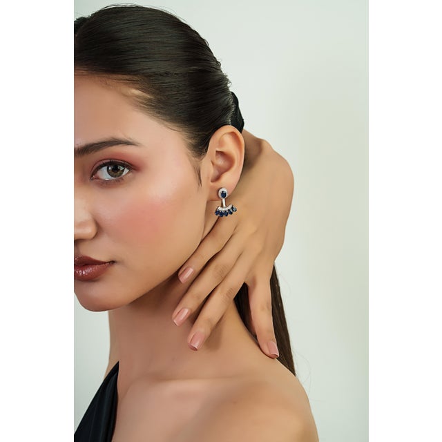 4.16ct Natural Deep Blue Sapphire and Diamond Jacket Earrings in 14k White Gold- A Pair For Sale - Image 12 of 18