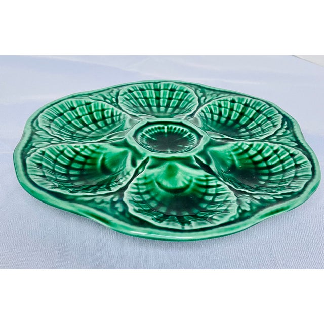 Ceramic Antique 1920s French Sarreguemines Majolica Green Oyster Plate For Sale - Image 7 of 13