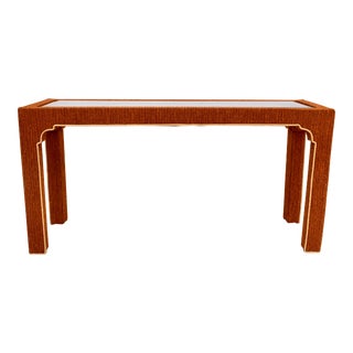 Pagoda Chinese Chippendale Style Console Table in Grasscloth Linen For Sale