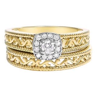 14K Yellow Gold Plated .925 Sterling Silver 1/5 Cttw Diamond Halo and Milgrain Finish Engagement Ring Bridal Set (I-J Color I3 Clarity) - Size 7 For Sale