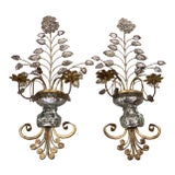 1930's French Bagues Sconces With Crystal Vase and Leaves Design For Sale