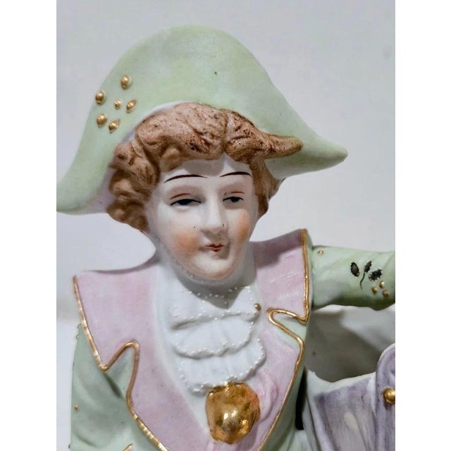 1950s Set of 2 Antique Paulux Occupied Japan Bisque Figurine Vases Victorian Couple 1950s For Sale - Image 5 of 12