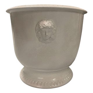 Contemporary Italian White Glazed Ceramic Cachepot With Bacchic Mascarons For Sale