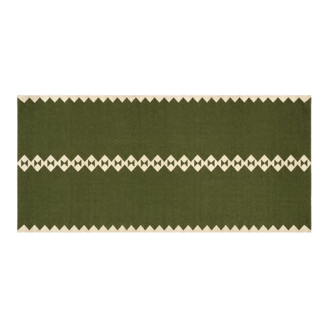 Handmade New Zealand Wool Dhurrie Runner, Olive Green and Cream Diamond Runner Rug- 4'x10' For Sale