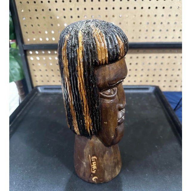 African Vintage Hand Carved Wood African Man Head Bust Sculpture Wooden 7in” Signed For Sale - Image 3 of 4
