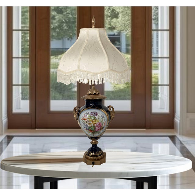 Rococo Antique Sevres Style Bronze Ormolu Têtes De Satyres Cobalt Blue Porcelain Table Lamp For Sale - Image 3 of 18
