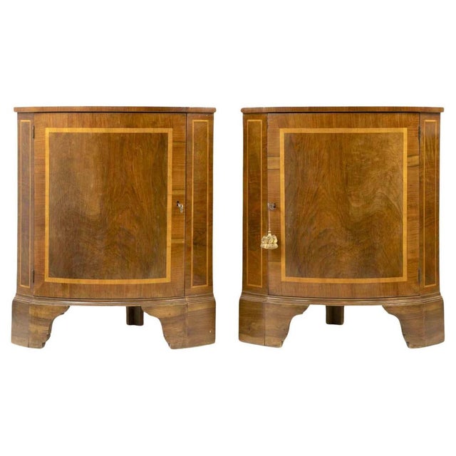 Mid-Century Walnut Corner Cupboards with Boxwood Inlay For Sale - Image 10 of 10
