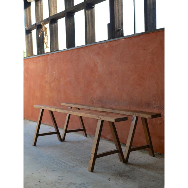 Wood Vintage Farm Benches, 1950s, Set of 2 For Sale - Image 7 of 12