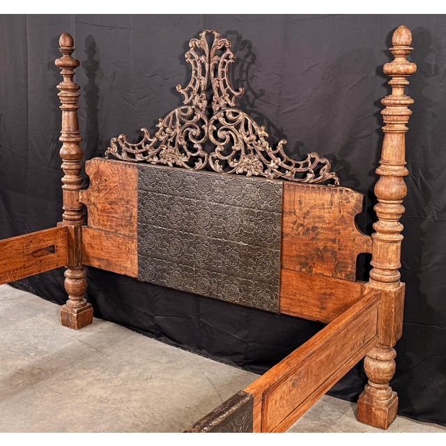 Mid 20th Century British Colonial Style Hardwood and Forged Iron Four Poster Queen Bed Frame For Sale - Image 5 of 14