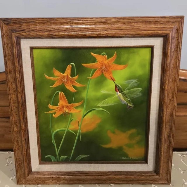 1980s Michael A. Kalfke, Original Hyper Realism Oil Painting Hummingbird W Lillies '88 For Sale - Image 5 of 6