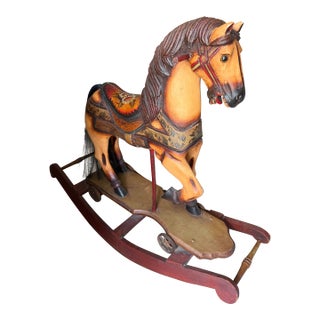 Antique Hand-Painted Carved Wood Rocking Horse on Wheels For Sale