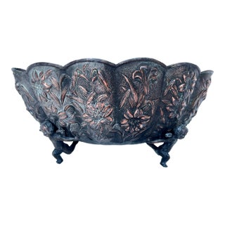 Vintage Scalloped Embossed Copper Jardiniere Footed Bowl For Sale