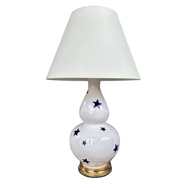 Blanc with Blue Stars with 23k Gold Water Gilt Base and Brass Double Socket Cluster OVERALL LAMP HEIGHT 30.5" SHADE...