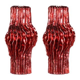 1990s Italian Tall Vase Featuring a Contemporary Design and a Crimson Red Finish. - a Pair For Sale