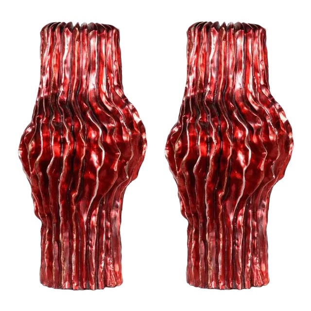 1990s Italian Tall Vase Featuring a Contemporary Design and a Crimson Red Finish. - a Pair For Sale