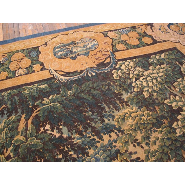 1750ss Green Antique French Verdure Tapestry Rug 9'8" X 10'4" Flatweave Wool Carpet For Sale - Image 4 of 9