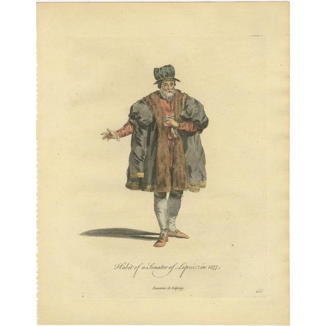 Jefferys, Senator of Leipzig in Fur-Faced Gown and Striped Hat, Costume of 1577, 1757, Engraving For Sale - Image 3 of 9