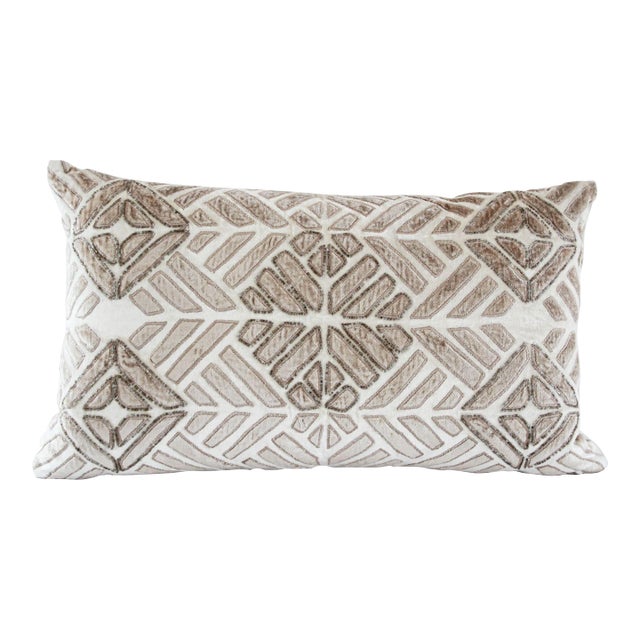 Vintage Taupe and Ivory Cut Velvet Pillow With Metallic Beads For Sale