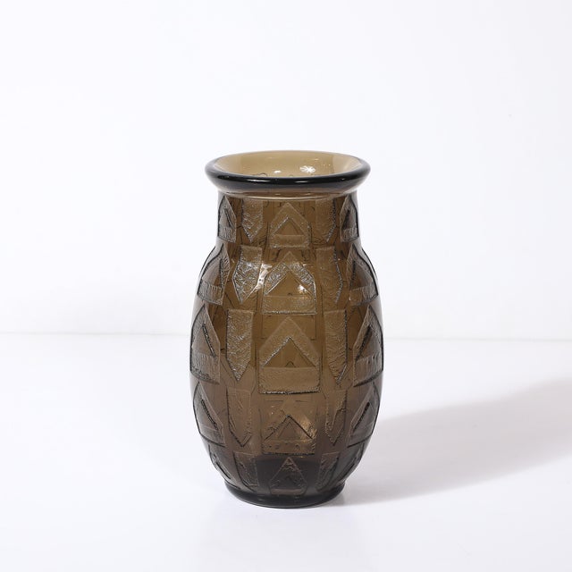 1930s Art Deco Signed Daum Acid-Etched Smoked Glass Vase W/ Geometric Motif For Sale - Image 5 of 10