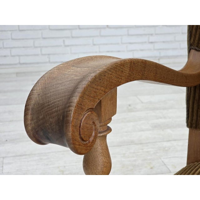 Scandinavian Wingback in Corduroy and Carved Oak, 1970s For Sale - Image 6 of 18