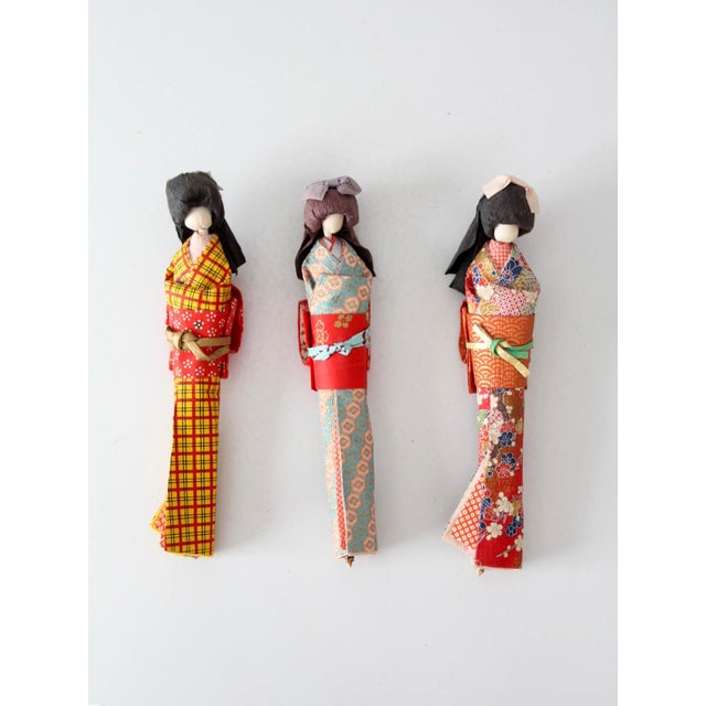 Mid-Century Japanese Folk Art Kimono Dolls Set of 3 For Sale - Image 6 of 16