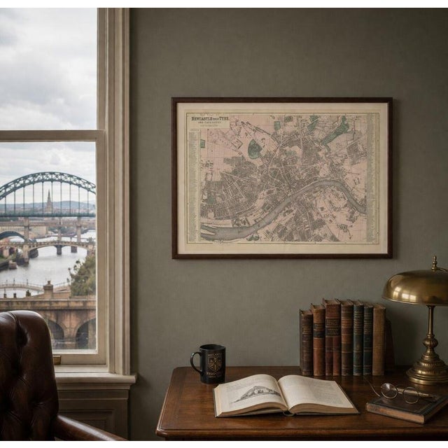 This finely detailed Victorian map titled “New Plan of Newcastle upon Tyne and Gateshead” presents the historic industrial...