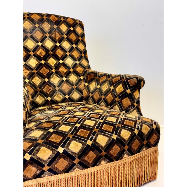 Pair of French Art Deco His & Hers Armchairs in Geometric Velvet, Circa 1930s For Sale - Image 4 of 17