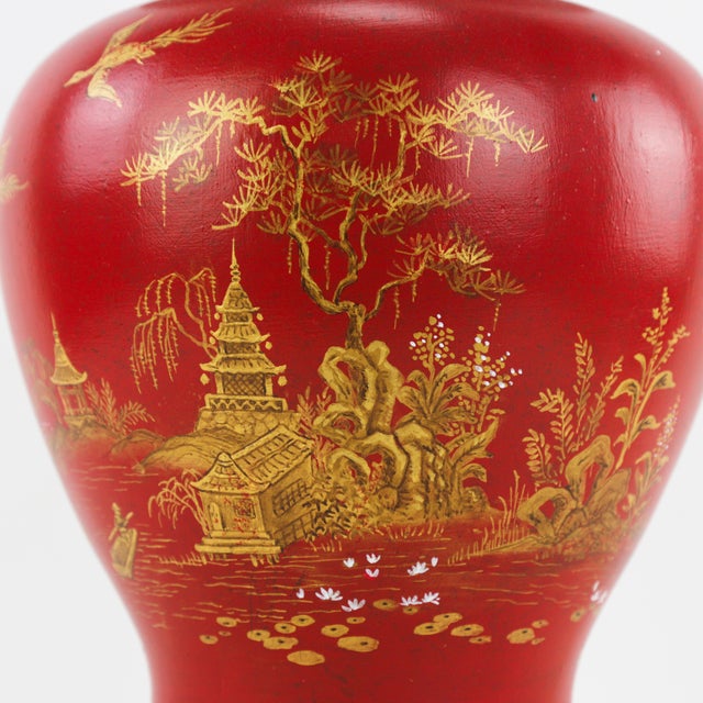 Vintage Red and Gold Chinoiserie Hand-Painted Landscape Temple Jar Table Lamp For Sale In New York - Image 6 of 12
