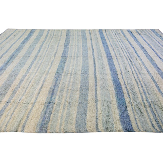 Modern Moroccan Style Handmade Stripe Pattern Ivory and Blue Wool Rug For Sale In New York - Image 6 of 10