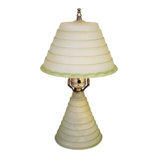 1939 Art Deco Streamline Stepped Frosted Green Art Glass Table Lamp For Sale