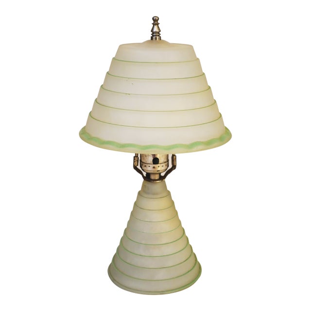 1939 Art Deco Streamline Stepped Frosted Green Art Glass Table Lamp For Sale