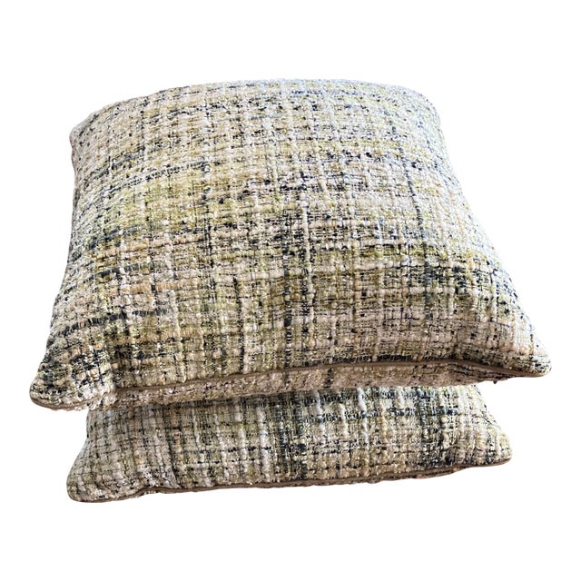 Designer Boucle Green and Black Wool Pillows With Gold Trim- Set of 2 For Sale