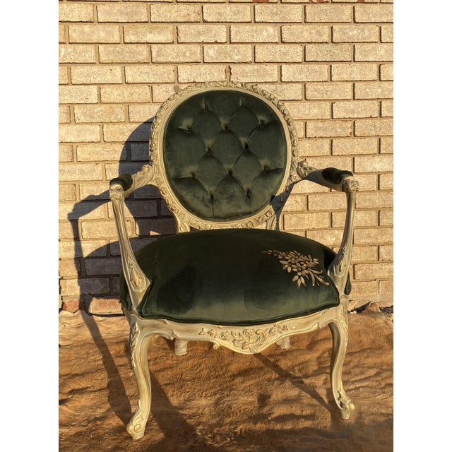 Green Victorian Style Green Velvet French Style Arm Chair/Settee For Sale - Image 8 of 8