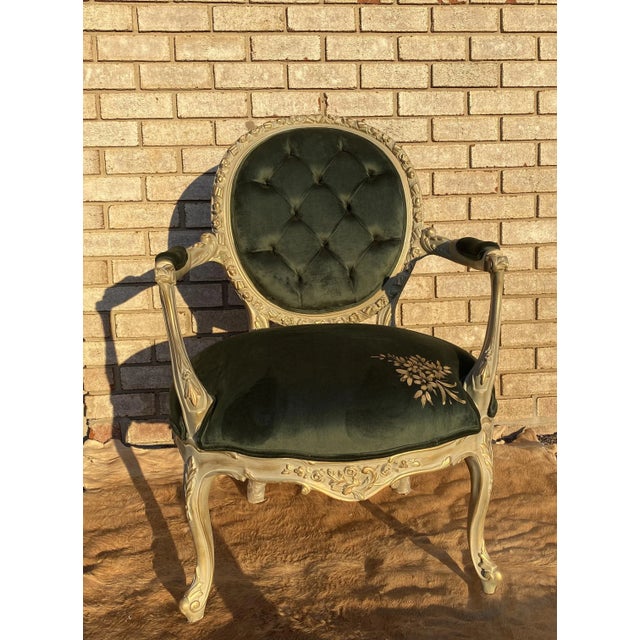 Green Victorian Style Green Velvet French Style Arm Chair/Settee/Chair For Sale - Image 8 of 8
