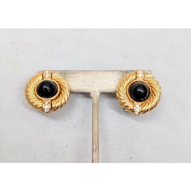 Givenchy Vintage 1980s Signed Givenchy Goldtone Faux-Onyx Cabochon Pierced Earrings-2 Pieces For Sale - Image 4 of 7
