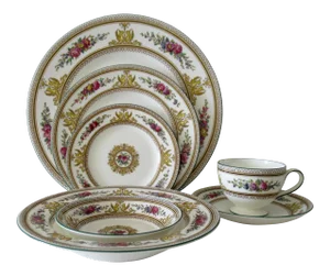 C.1988 Wedgewood Porcelain Hand-Painted "Columbia," W595 Pattern -Full Serving Set for 12 (89 Pcs).