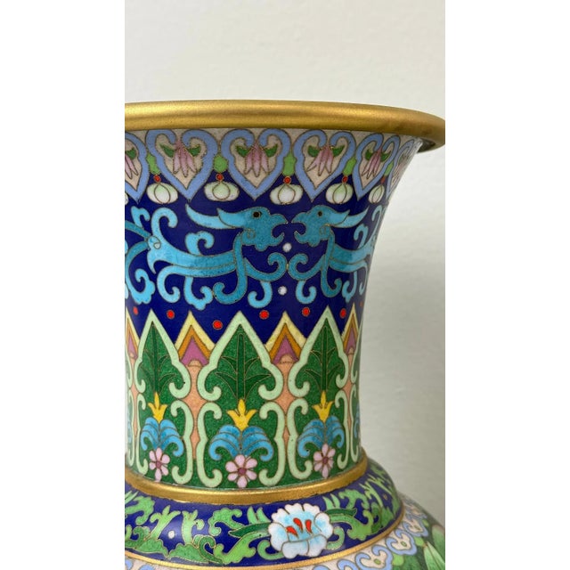 Late 20th Century Pair of Chinese Cloisonne Enamel Vases Blue Ground With Red Berries For Sale - Image 5 of 12