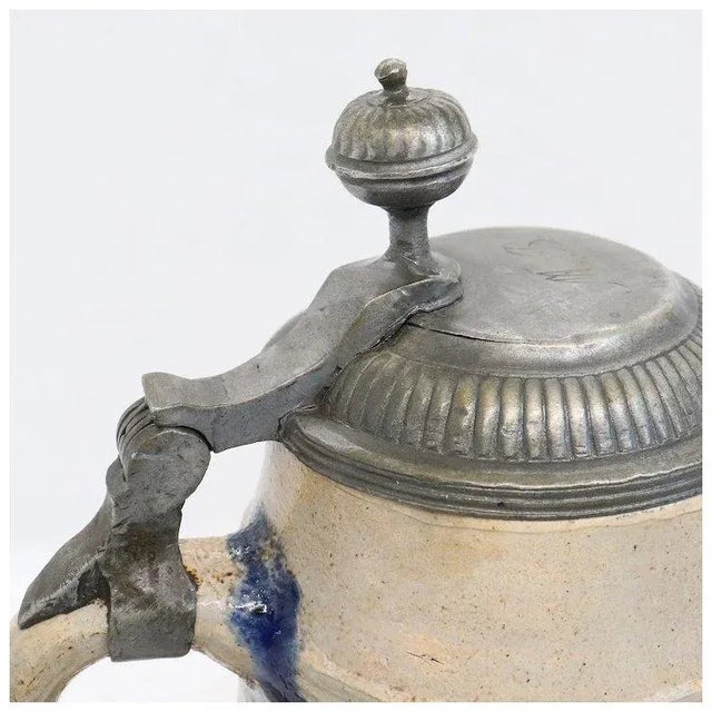 Ceramic German Westerwald Pewter Mounted Stoneware Pottery Tankard For Sale - Image 7 of 11