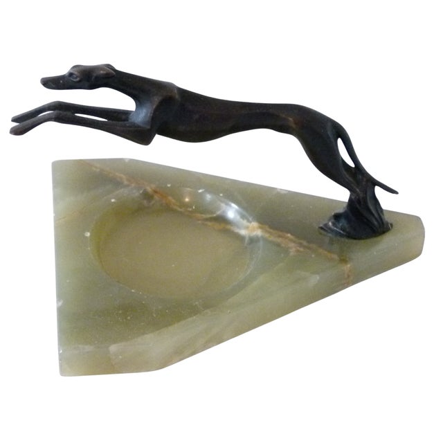 Jade Early 20th Century Bronze Greyhound Dog on Green Marble Base . Art Deco . For Sale - Image 8 of 12