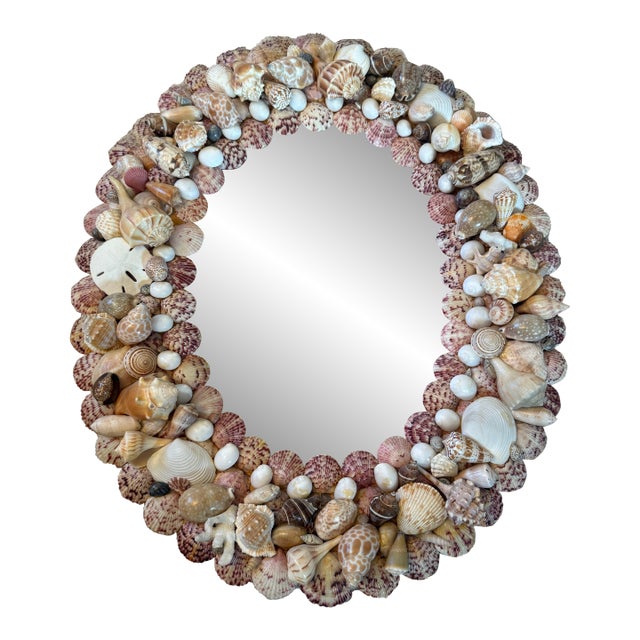 Vintage Handmade Shell Encrusted Oval Wall Mirror For Sale