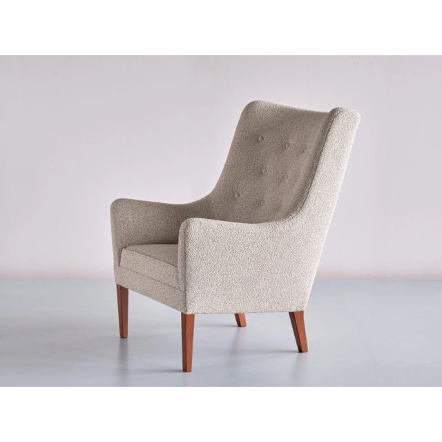 Set of Bouclé & Mahogany High Back Armchairs by Jacob Kjær, Denmark, 1940s For Sale - Image 9 of 14