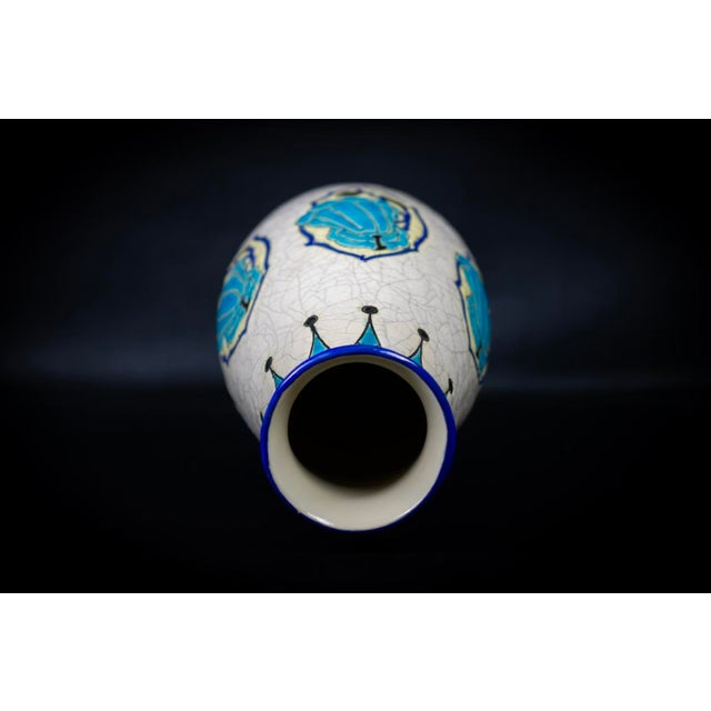 Art Deco Vase in Glazed Crackled Earthenware with Blue Flowers by Maurice Dufrene for Keramis, La Louviere, Belgium, 1920s For Sale - Image 12 of 15