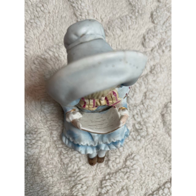 Victorian Vintage Bisque Porcelain Girl Figurine With Blue Bonnet For Sale - Image 3 of 8