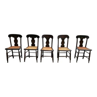 19th Century Set of 5 Antique Painted & Stenciled Caned Seat Dining Chairs For Sale