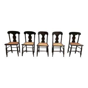 19th Century Set of 5 Antique Painted & Stenciled Caned Seat Dining Chairs