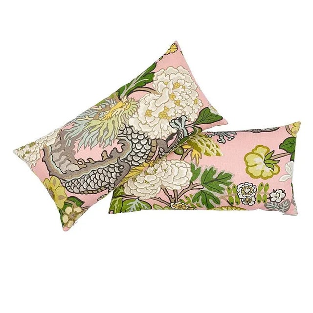 Chinoiserie Schumacher Chiang Mai Dragon Pillow in Blush For Sale - Image 3 of 5